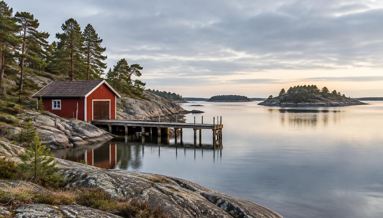 Röd sjöbod och träbrygga vid klipporna i den svenska skärgården